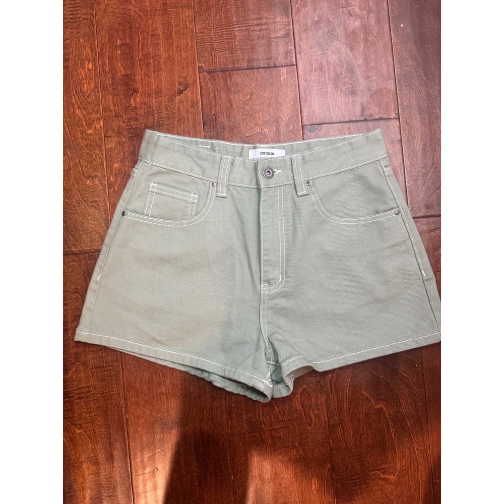 Cotton On High Rise Mom Shorts Sage Green Contrast Stitch Denim Womens Size 6 US